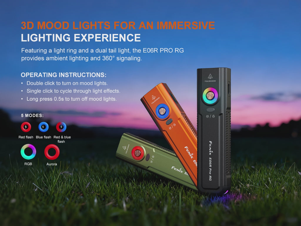 E06R PRO RG Flat Flashlight animation showing mood lights and displaying the five lighting modes